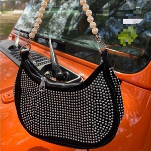 Black Studded Mini Shoulder Bag with Pearl Handle